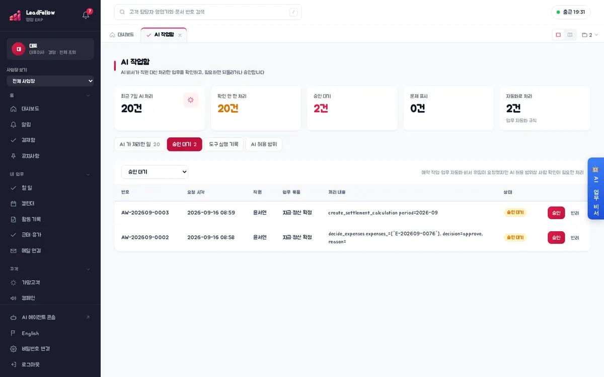 승인 대기 — 번호(AW-…), 요청 시각, 직원, 업무 묶음, 처리 내용, 상태와 ‘승인’·‘반려’