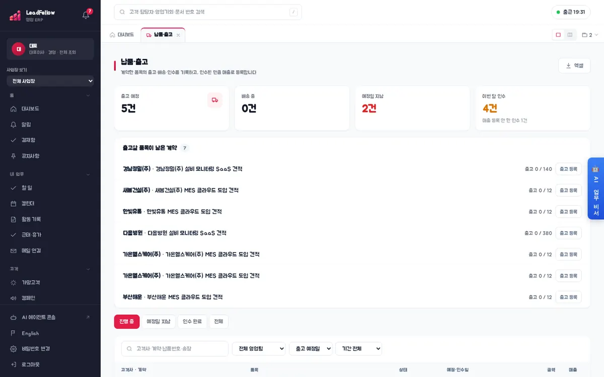 납품·출고 — 요약 카드, ‘출고할 품목이 남은 계약’, 납품 목록