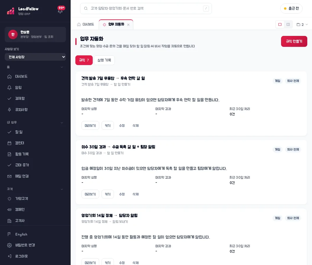 업무 자동화 화면 — 견적 발송 7일 무응답이면 후속 연락 할 일, 미수 30일 경과면 수금 독촉 할 일과 팀장 알림